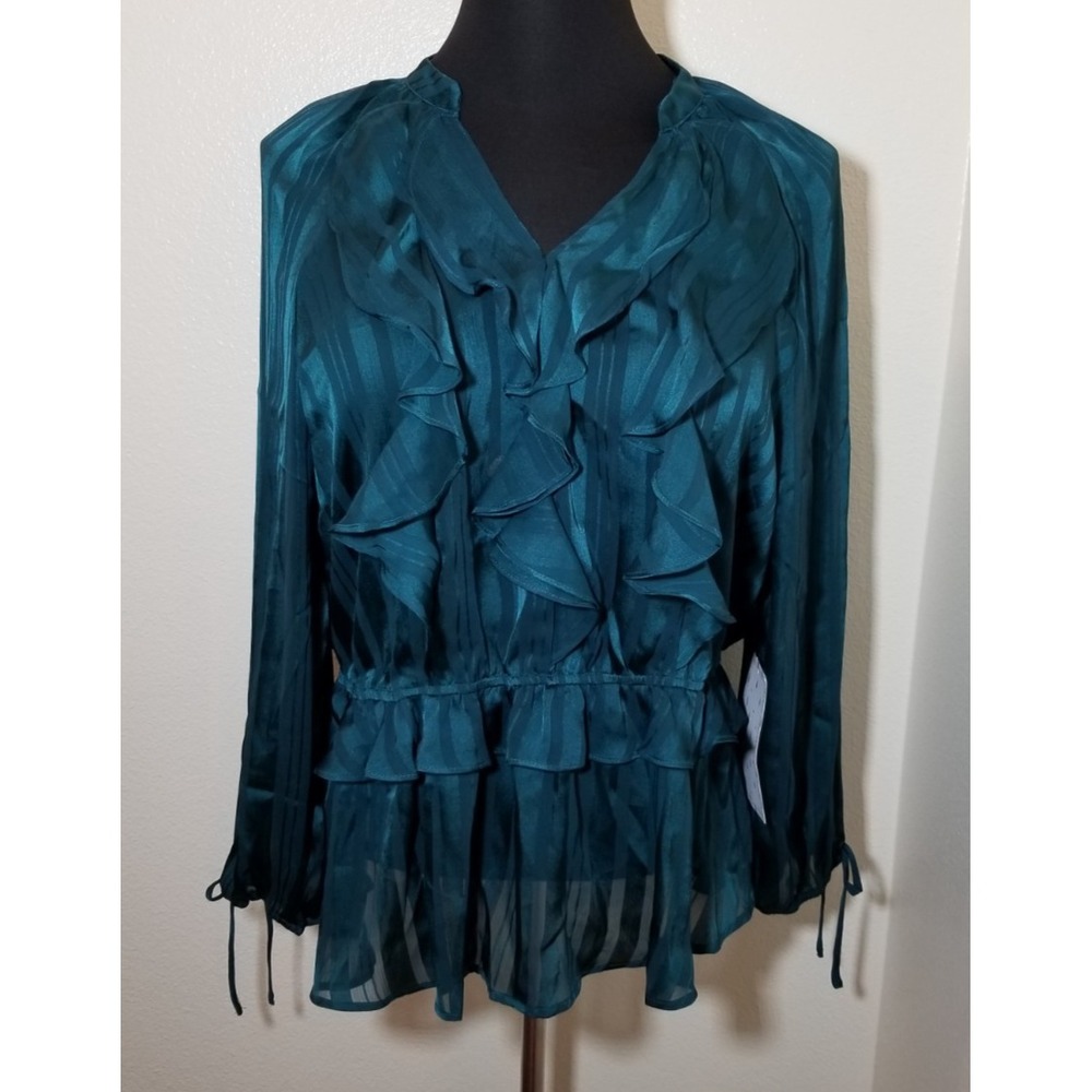 Sweet Rain Womens 2X Emerald Ruffle Long Sleeve Top Boho Romantic Hippie Cottage